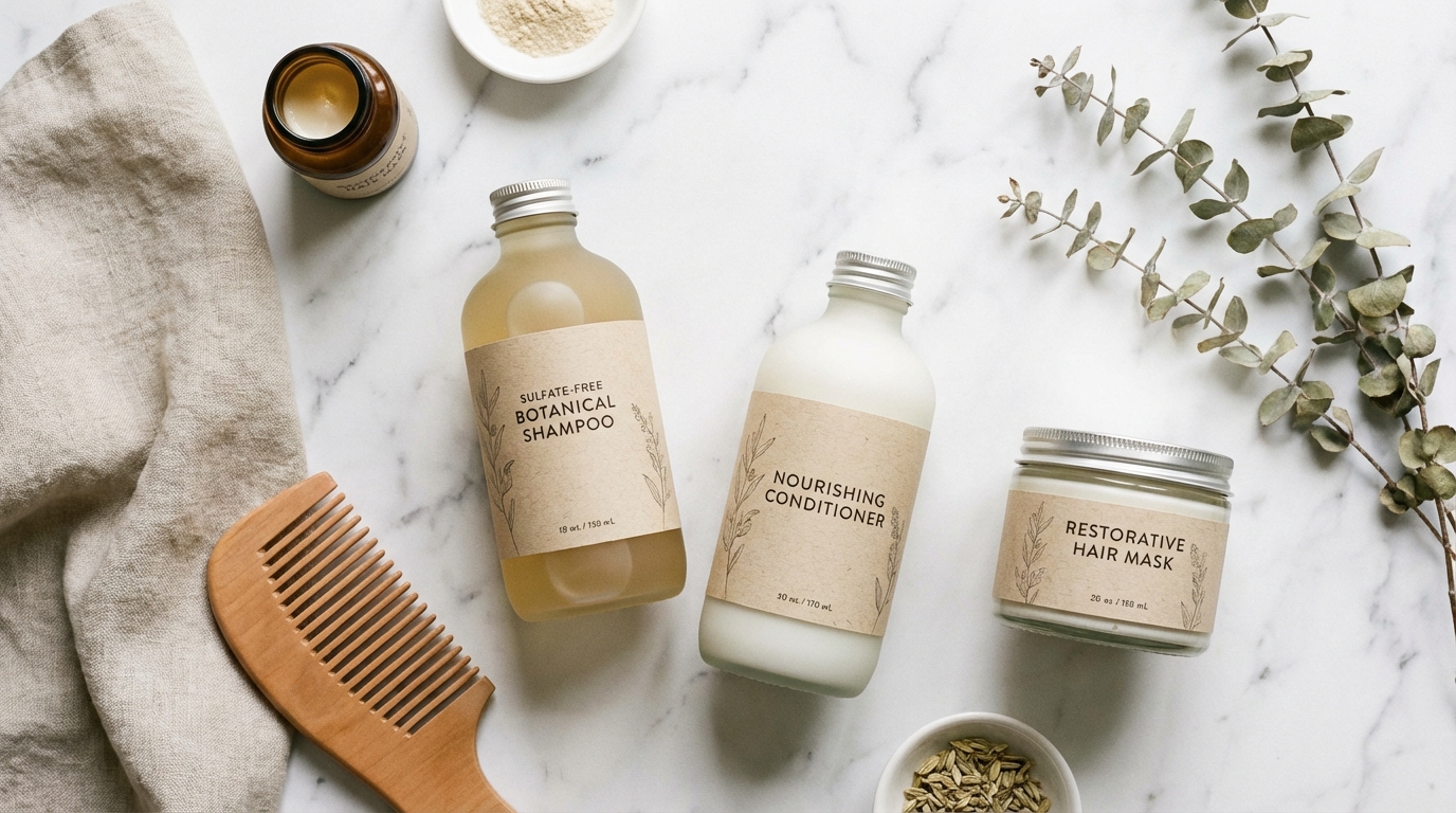 A flat lay of stylishly packaged sulfate-free shampoo, conditioner, and a hair mask on a marble background.