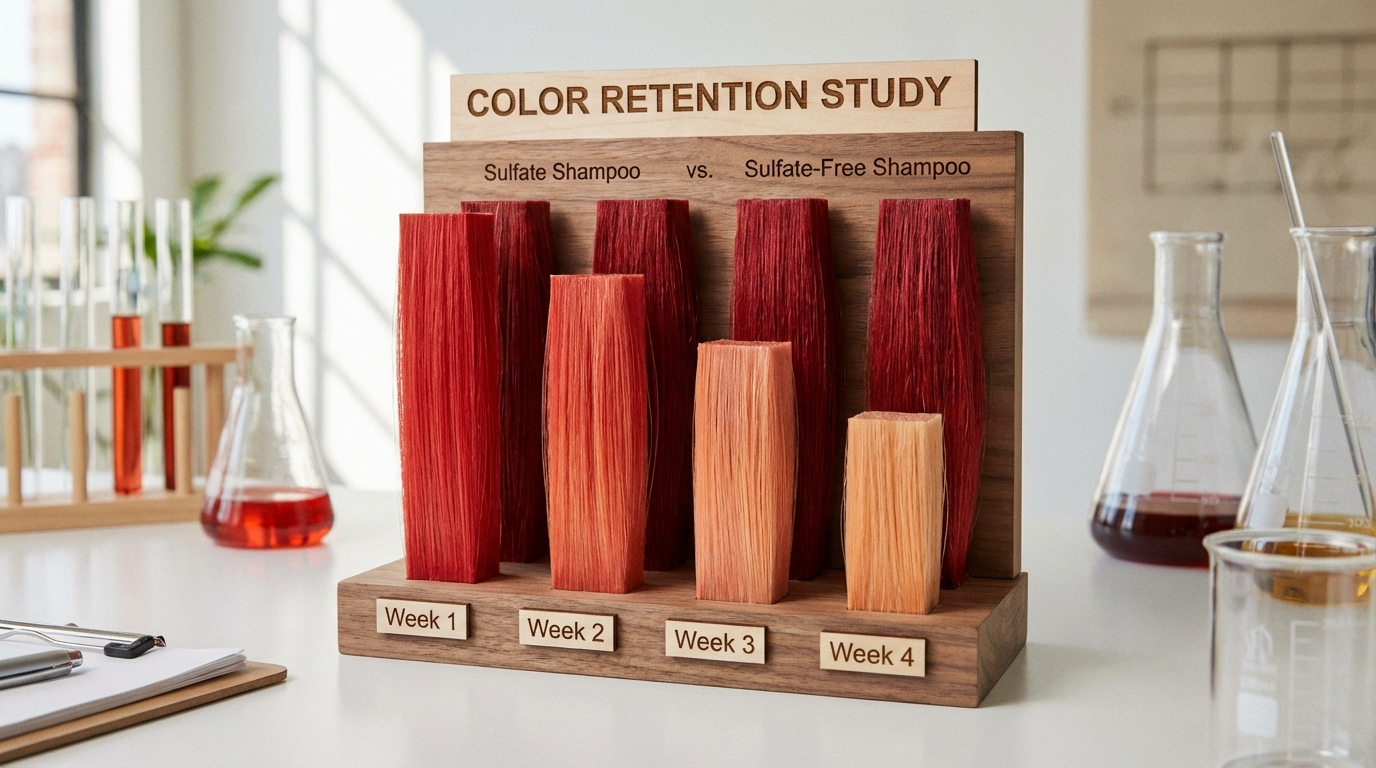 A bar chart comparing the color retention of hair washed with sulfate shampoo vs. sulfate-free shampoo over 4 weeks.
