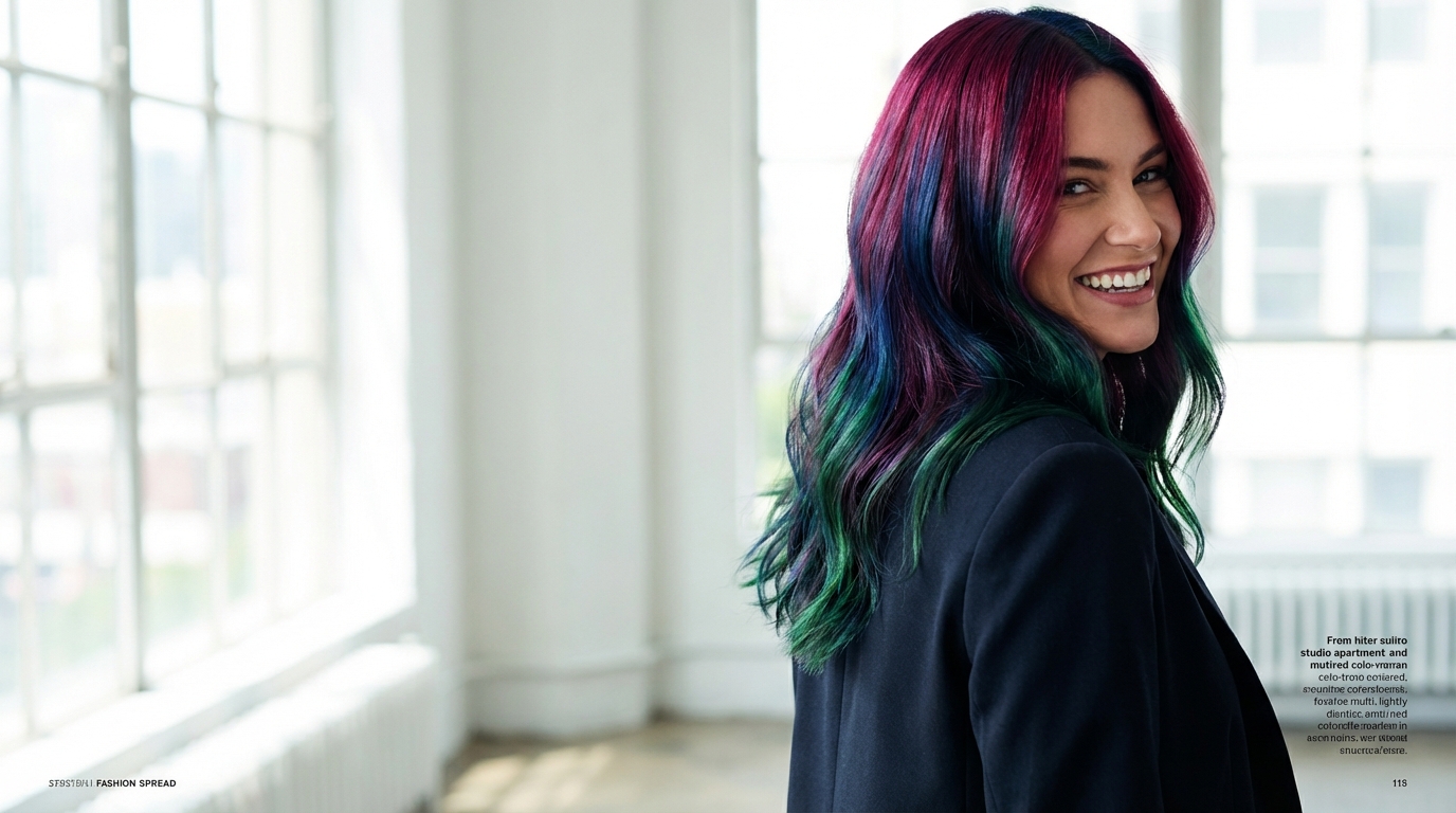 A woman with vibrant, healthy, color-treated hair smiling and looking over her shoulder.