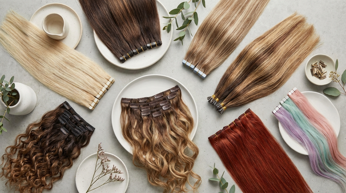 A flat lay of different hair extension types (tape-in, k-tip, weft, clip-in) on a clean, modern background, showcasing various colors and textures.