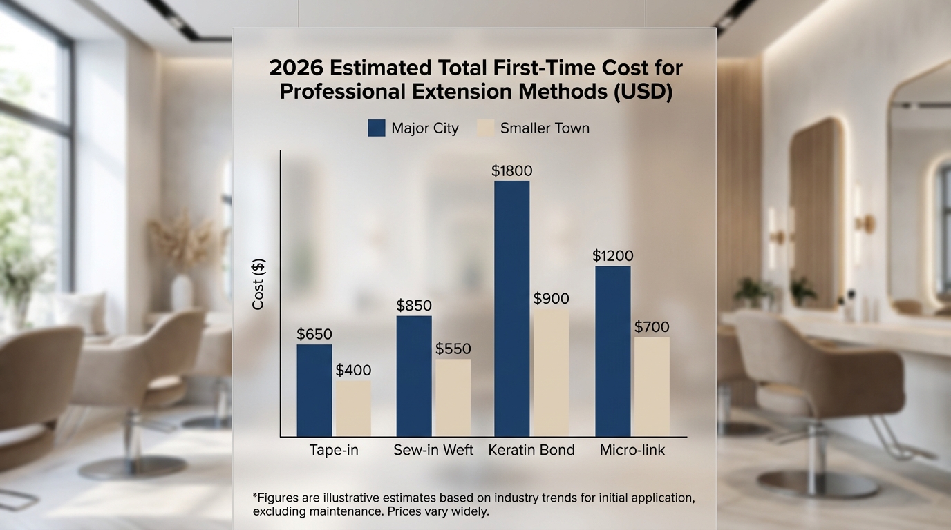 A bar chart comparing the estimated total first-time cost for different professional extension methods in a major city versus a smaller town for 2026.