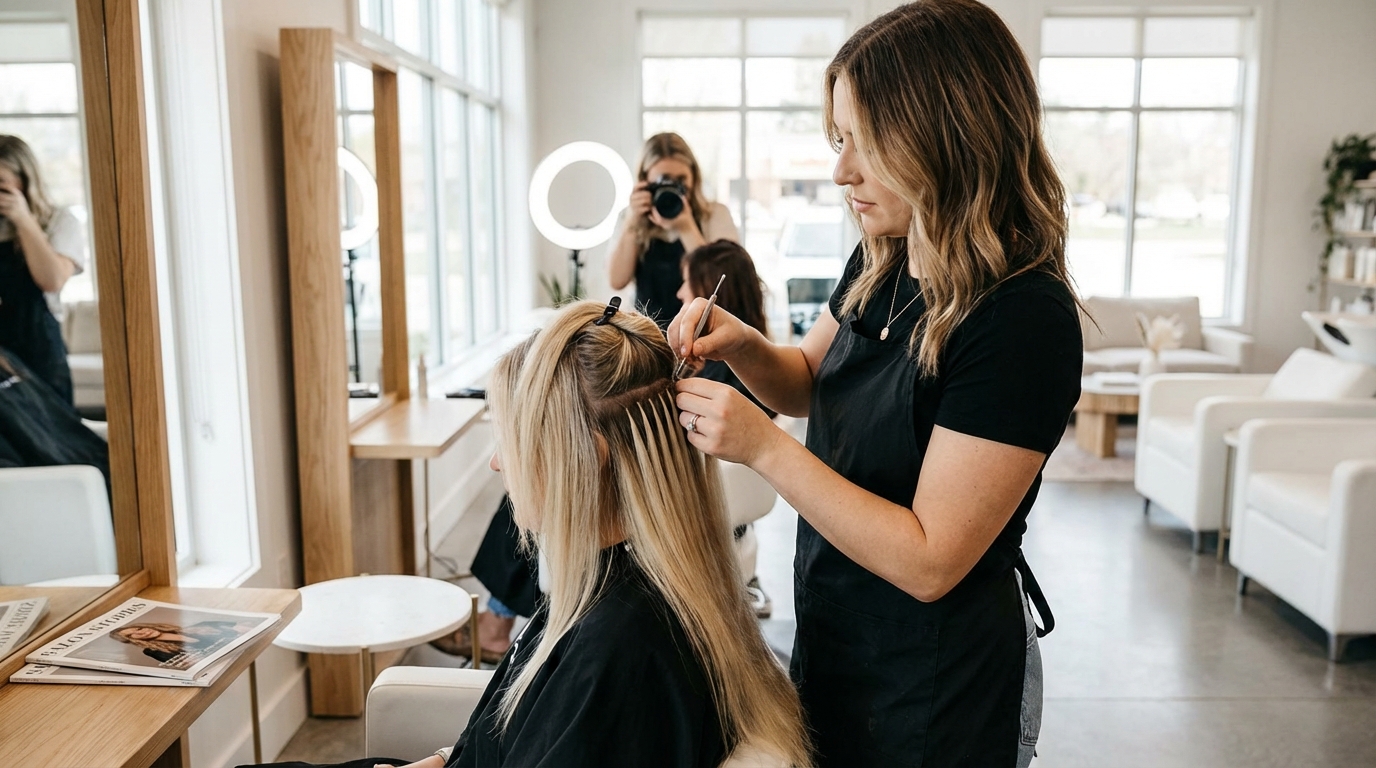 A behind-the-scenes shot of a stylist professionally installing I-Tip hair extensions on a client in a bright, modern salon.