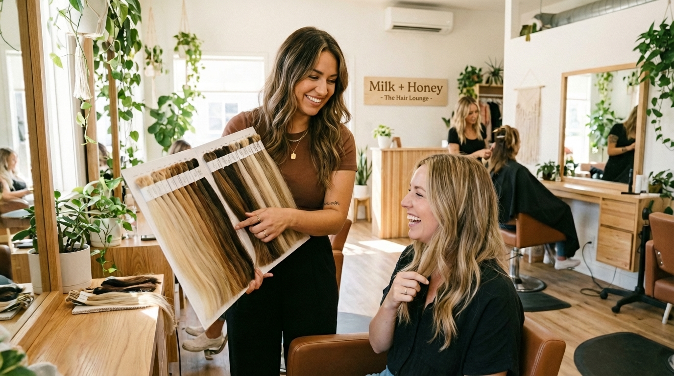 A friendly stylist consulting with a client, showing her hair extension swatches in a professional salon setting. The atmosphere is welcoming and informative.